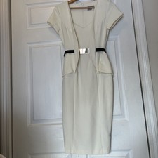 ASOS Cream Color Midi, Gold/Black Belt, Peplum, Short Sleeve Dress, Size US 4