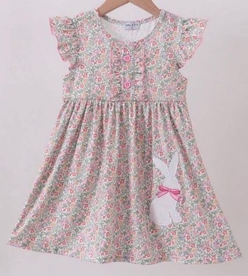 Abby &Evie Boutique Easter Bunny Rabbit Girls Floral Sleeveless Ruffle Dress New