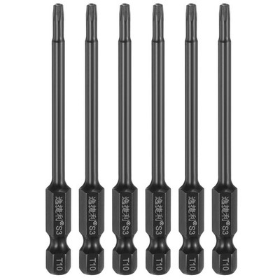 6pcs T10 Magnetic Torx Screwdriver Bits 1/4'' Hex Shank 75mm Length, Black