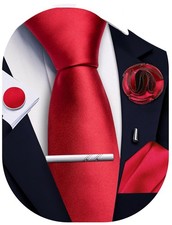 Red Ties for Men Silk Satin Necktie and Pocket Square Cufflinks Tie Clip Lape...