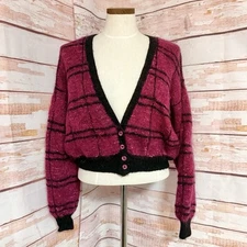 Vintage Handmade Cardigan Sweater Raspberry Pink Plaid V Neck Mohair Button Up