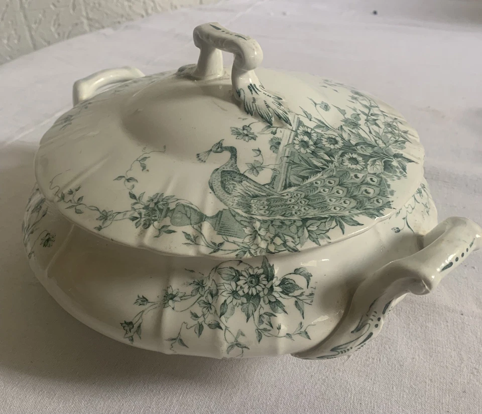 soupière ancienne en Gien Terre De Fer Decor Oiseaux De Paradis Modele Junon - Photo 2/4