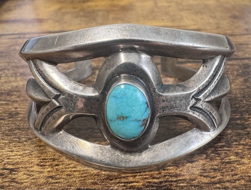Southwestern Sand Cast LSterling Silver Turquoise Cuff Bracelet 54g - Early Vtg