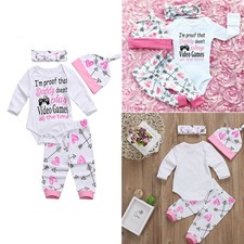 Newborn Baby Girls Bodysuit Long Sleeve Romper Tops Pants Headband Outfit