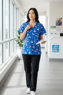 Dr Seuss Scrub Top Womens Medium Blue V-Neck Medical Nurse Paw-fect