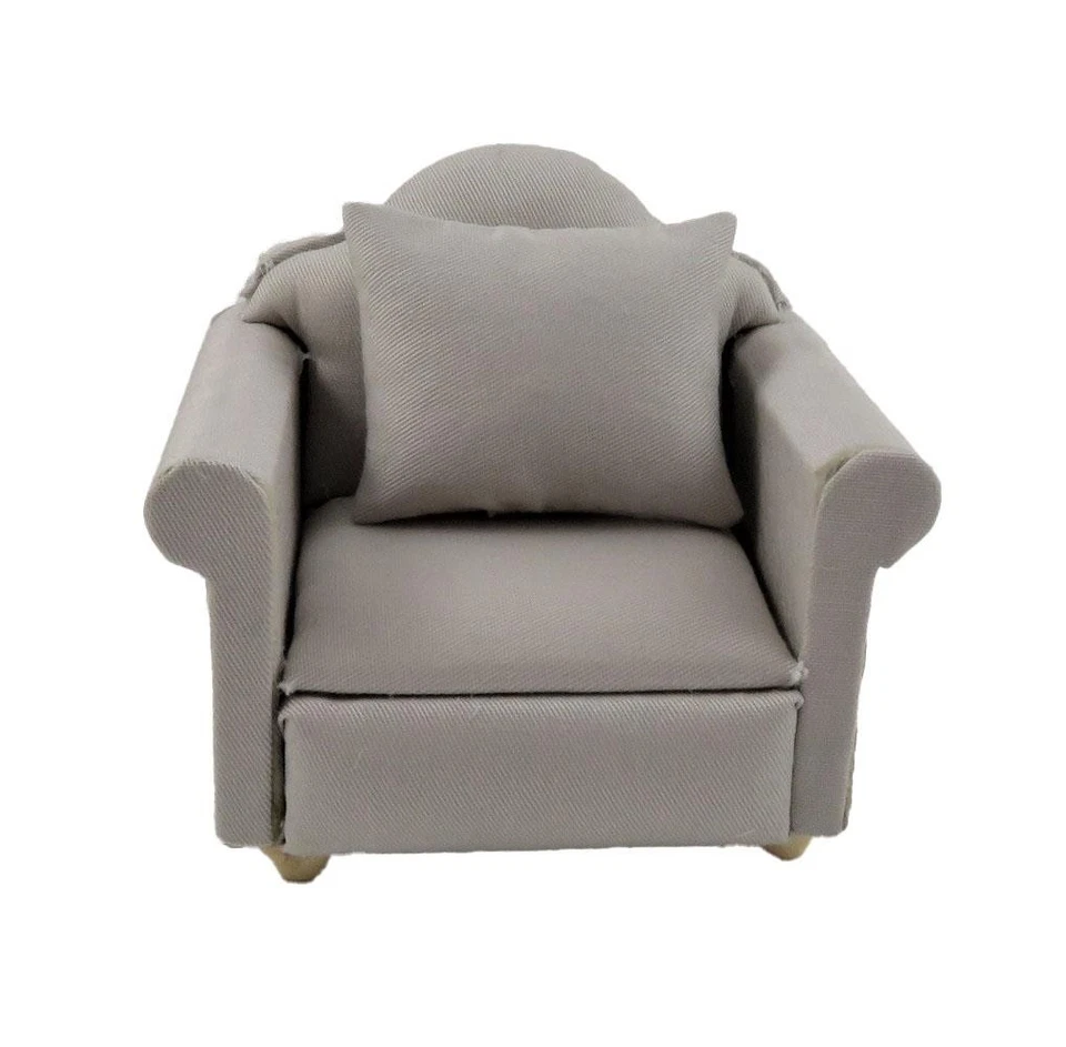 Dolls House Grey Traditional Armchair & Cushion Miniature Living Room Furniture - Image 1 of 1
