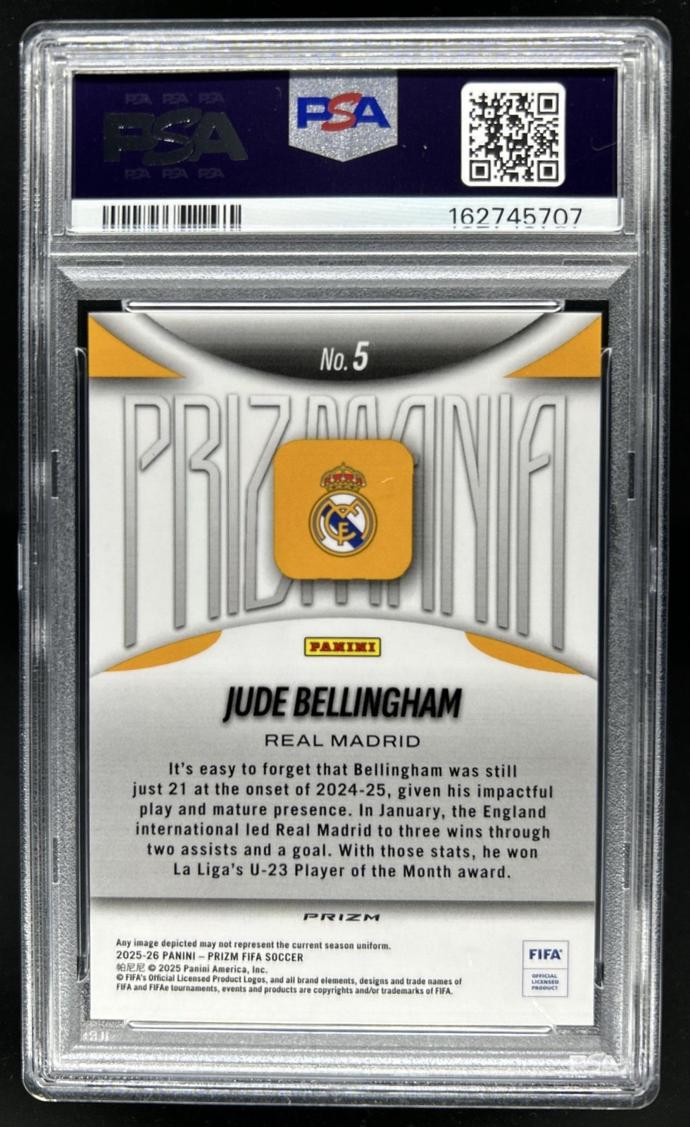 2025-26 Panini Prizm FIFA Jude Bellingham Prizmania SSP #5 Real Madrid PSA 10 view 2