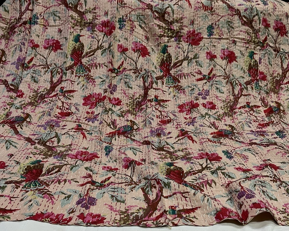 Indian Kantha Quilt Bedspread Bedding Throw Cotton Blanket Bird Print Hand Block - Image 3 of 4