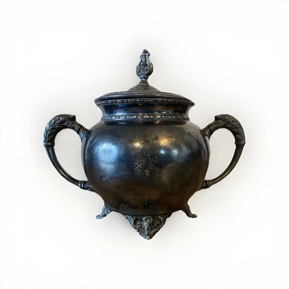 Antigo F.B. Conjunto completo de bule de prata e tigela de açúcar Rogers – Serviço de chá vitoriano - Imagem 3 de 4