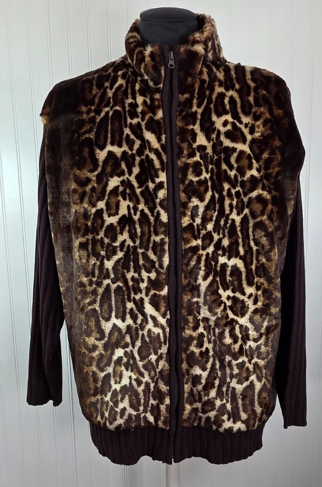Silhouette Leopard Print Faux Fur Knit Full Zip Up Jacket Women’s Size 3XL - Image 2 of 4