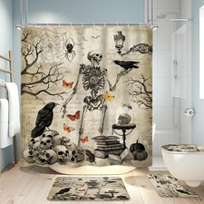 4 PCS 71x71 Inch Gothic Skull Spider Shower Curtain Set Rugs Toilet Lid Cover
