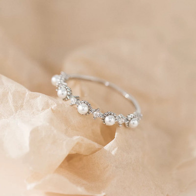 Dainty Gold Pearl Stacking Ring in 925 Sterling Silver