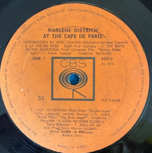 Marlene Dietrich 1964 LP- At the Cafe de Paris- Lili Marlene - Made in Israel !! - Picture 4 of 4
