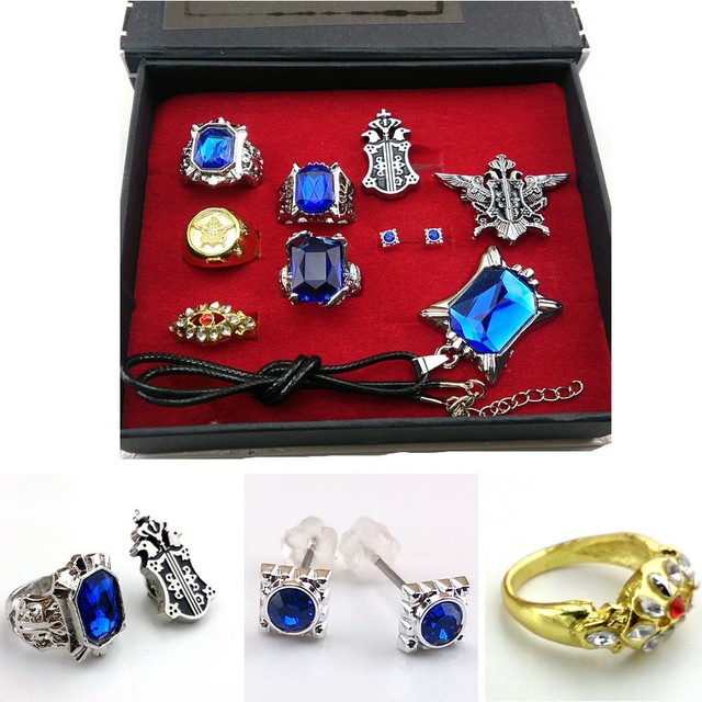 Anime Black Butler Ciel Sebastian Ring Necklace Earring Studs Jewelry 9pcs Set