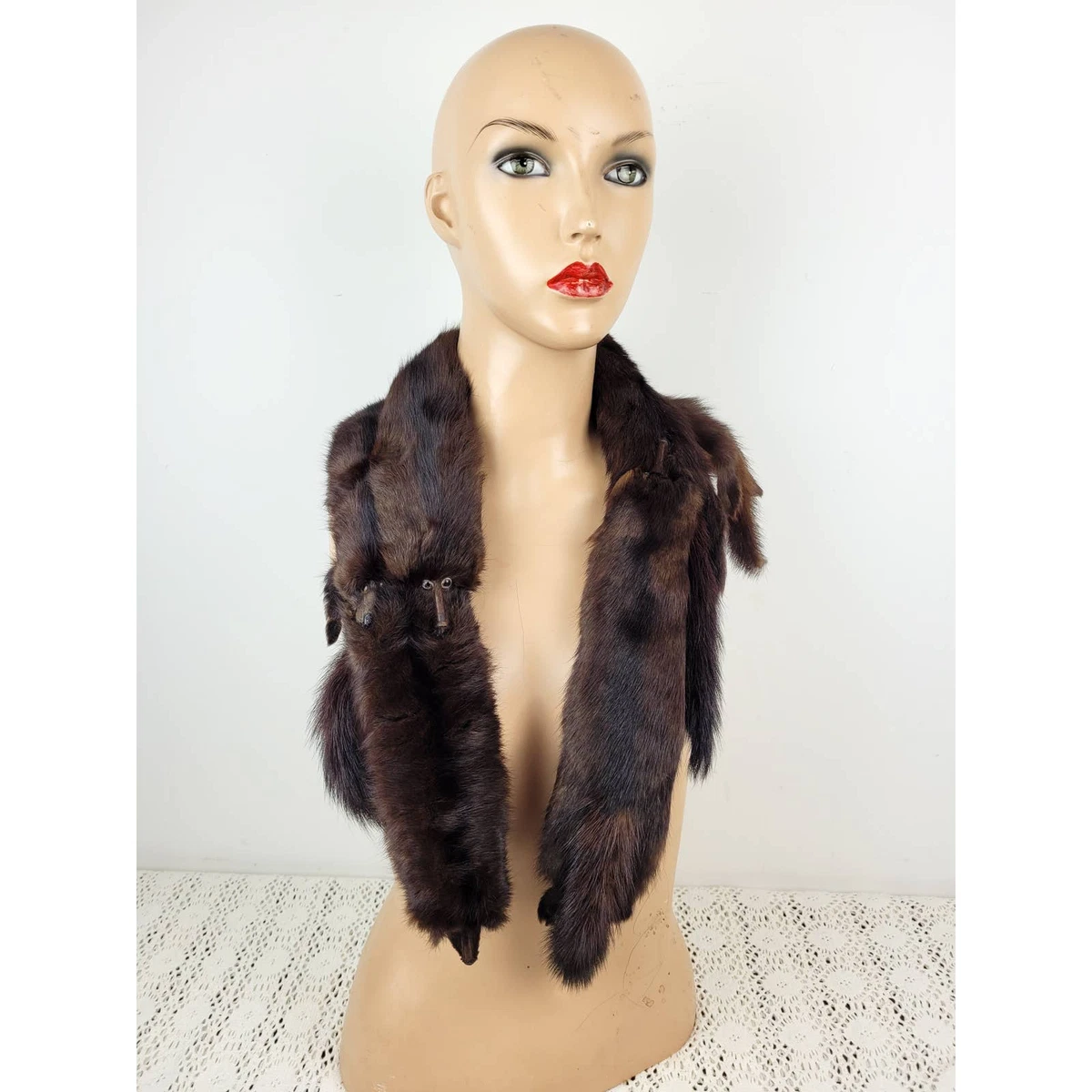 Vintage Antique 1930s / 1940s Genuine Mink Fur Stole Pelt Wrap Scarf Brown