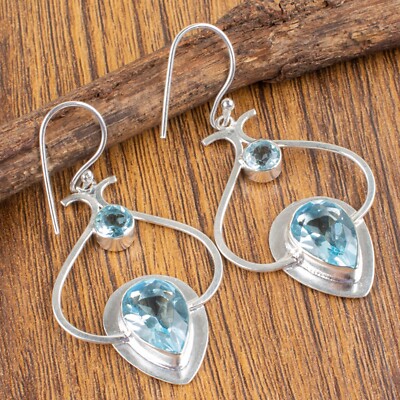 925 Sterling Silver Earrings Natural Sky Blue Topaz Gemstone Handmade Jewelry AI