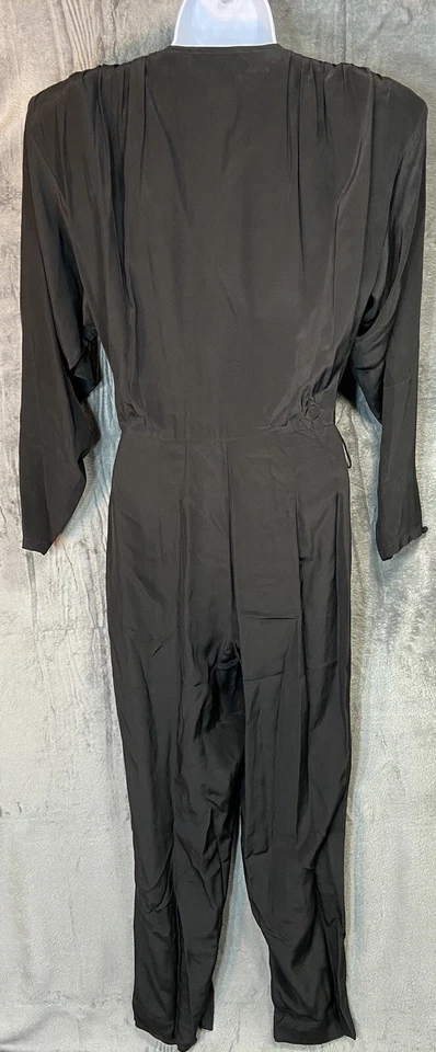 Vintage 80s Balla Valentina 100% Silk Black Wrap Front Jumpsuit Whimsigoth Sz 4 - Image 2 of 4