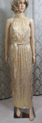 Ieena Mac Duggal Sequined Halter Neck Belted Soft T  Sz 4 Gold  $398 NWT