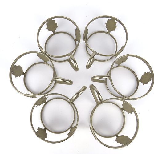 6x Tee Glashalter mit Jenaer Glass, Blatt-Dekor Metall vernickelt, Jugendstil - Bild 7 von 12