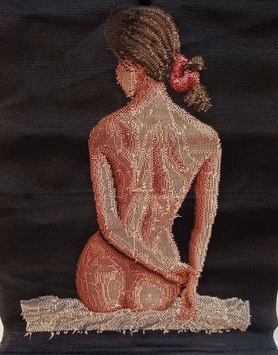 Completed Cross Stitch Asian Nude 1 In Black Fabric 18.5" x 14.25" Unframed - Picture 4 of 6
