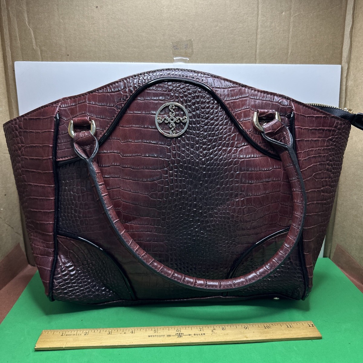 Stauer Avalon Crocodile-Embossed Handbag Brown Double Handle