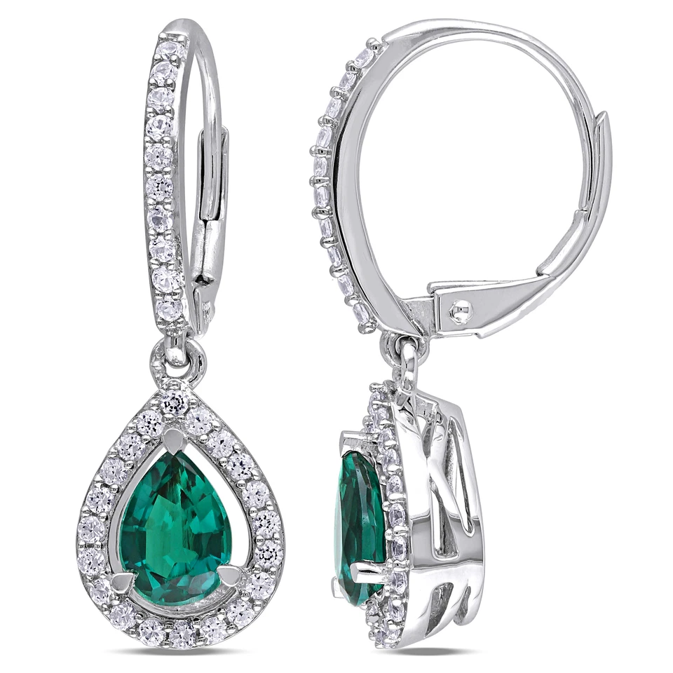 Amour Sterling Silver Created Emerald and White Sapphire Charm Earrings