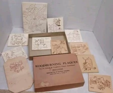 Vintage Wood Burning Kit Set Of 11 Pieces Wooden Plaques Patterns Used & New