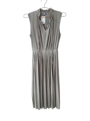h&m grey pleated dress New H&M XS Neutral Beige Taupe Sleeveless Pleated Plisse Midi Dress Women
