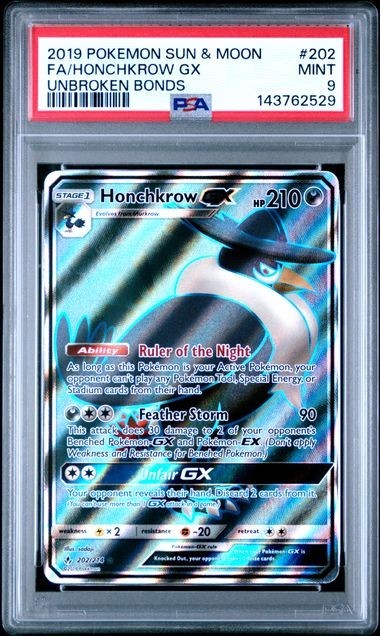 Pokemon PSA 9 HONCHKROW GX 202/214 - SUN & MOON UNBROKEN BONDS HOLO - MINT