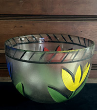 Signed Kosta Boda Ulrica Hydman Vallien Tulipa Glass Bowl 8.5" Red Blue Yellow