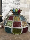 Mid-Century Tiffany Style Metal Chain Hanging Stained Glass Light Lamp Vintage