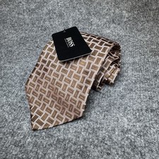 Hugo Boss 100 Silk Mens Tie Necktie Borwn Geo Print Made in Italy NEW NWT