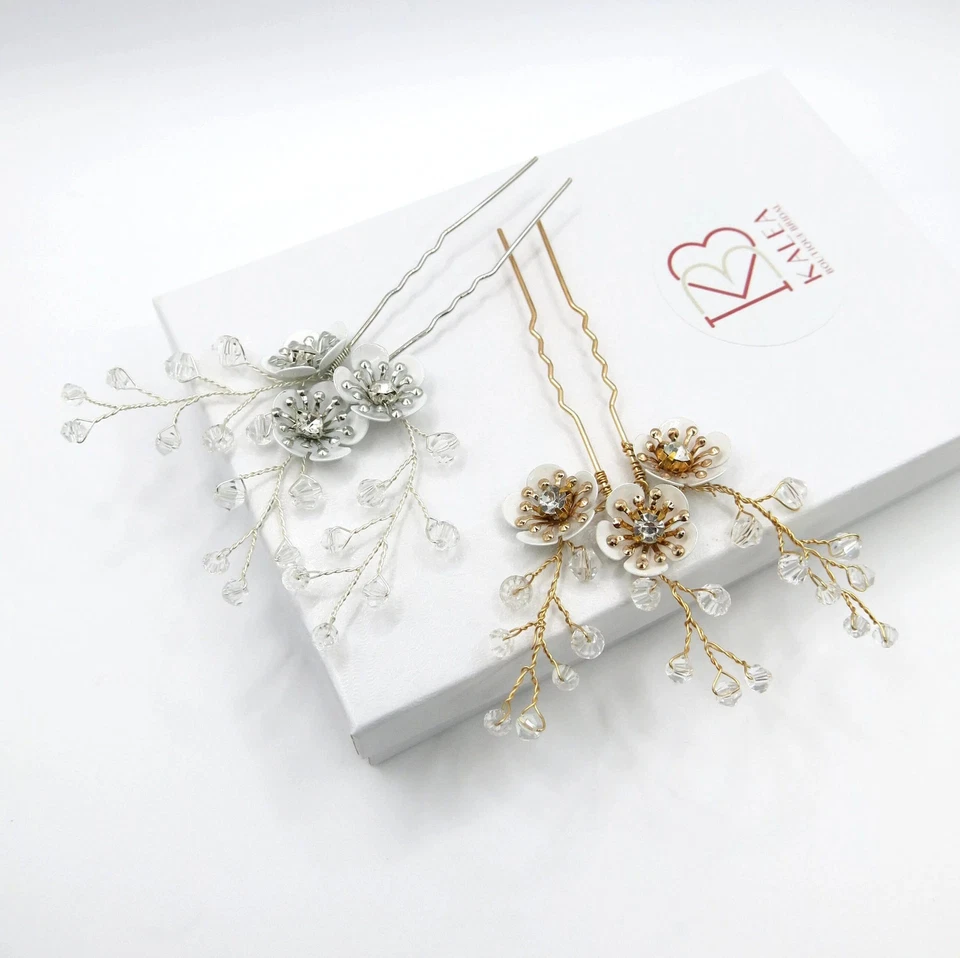 Metal White Flower 3 PC Boho Wedding Hairpin Set, Bridal Flower Hair Pin Set - Image 3 of 4