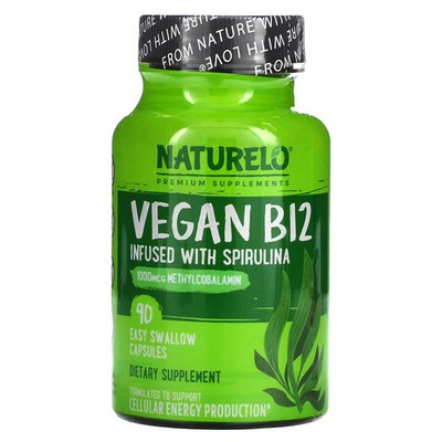 2 X NATURELO, Vegan B12 Infused with Spirulina, 90 Easy Swallow Capsules