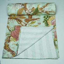 Hand Block Print Cotton Kantha Quilt Indian Bedding Bedspread Throw Blanket