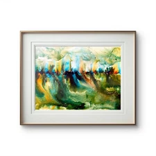 12”x9” Abstract Watercolor in Greens on Paper  Original Expressionism  Home Art