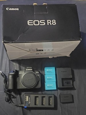 Canon EOS R8 Mirrorless Camera Body Only w/ Box, 4 Batteries, 2 Chargers Tested