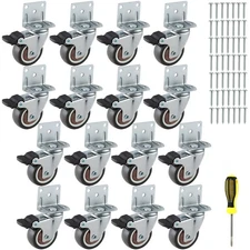 16 PCS 1.5 Inch L-Shaped Rubber Locking Swivel Caster Wheels with Brake Plate