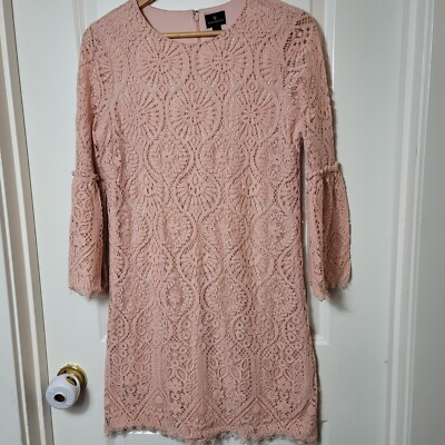 Worthington Dress size M 3/4 sleeves round neck pink lace above knee dress  | eBay