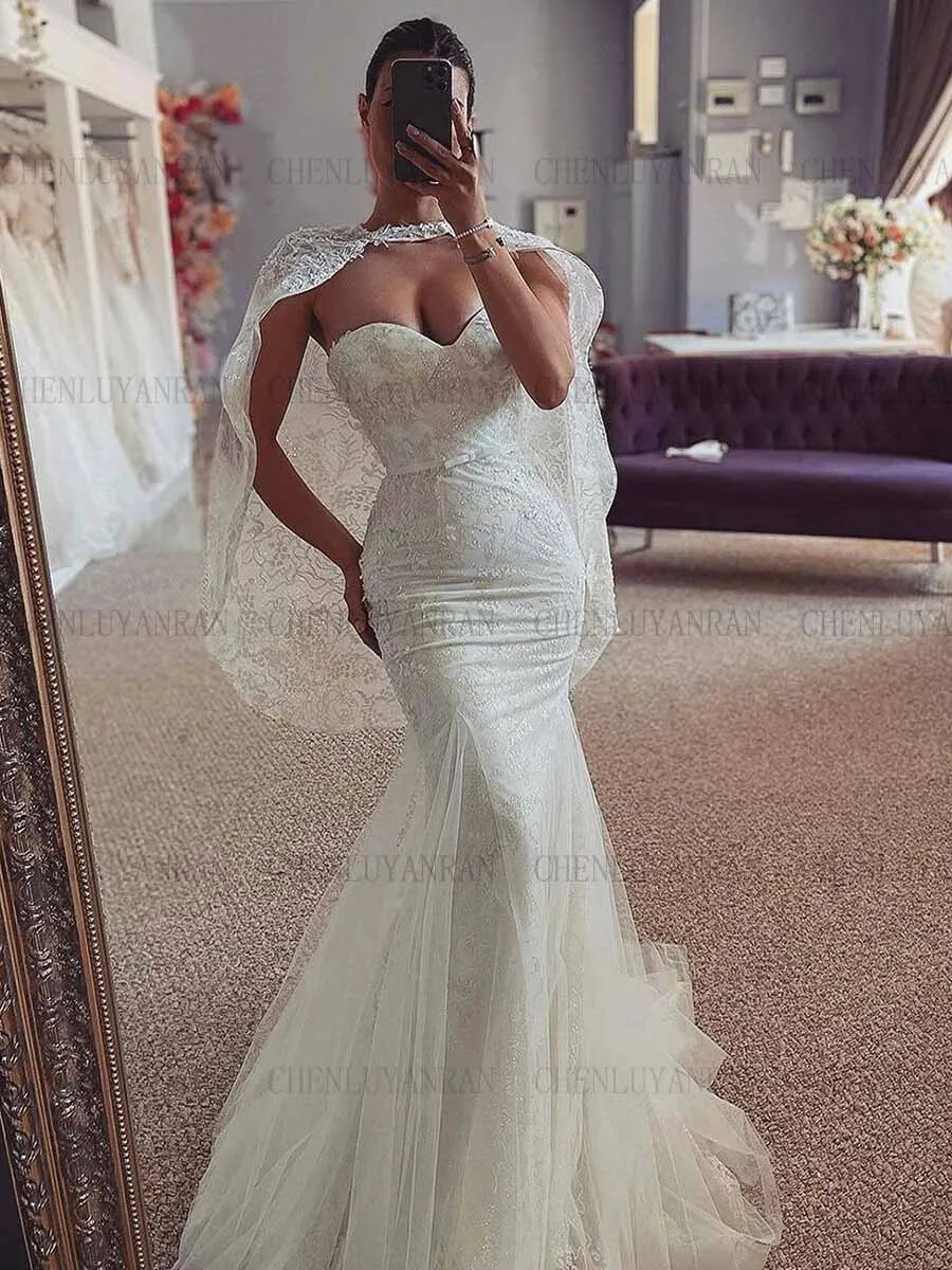 Elegant Lace Mermaid Wedding Dresses Sweetheart Sexy With Shawl Bridal Gowns  | eBay