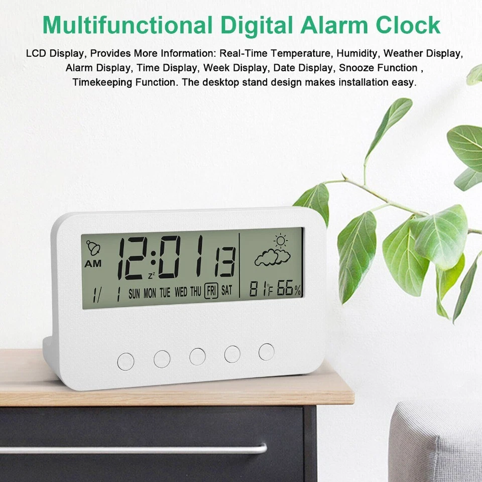 Digital Alarm Clock LCD Display Night Light Snooze Temperature Humidity Monitor - Image 3 of 4
