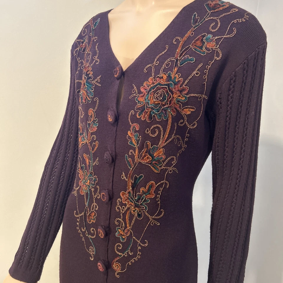 Carole Little Vintage Dress Long Plum Knit Floral Embroidered Size S - Image 3 of 4