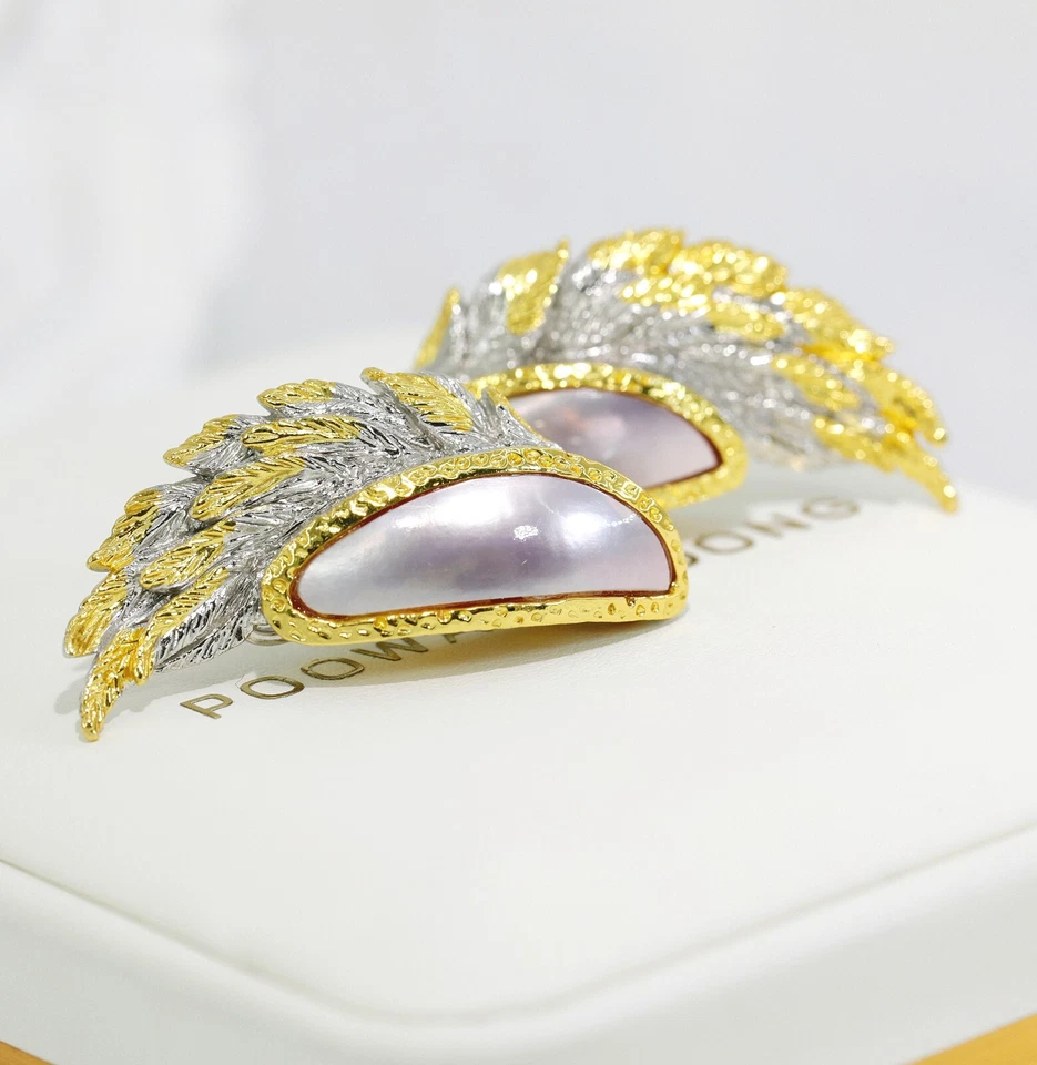 S925 Silver Italian Craft Mabe Pearl Feather  Earrings ,Gold-Plated - Image 4 of 4