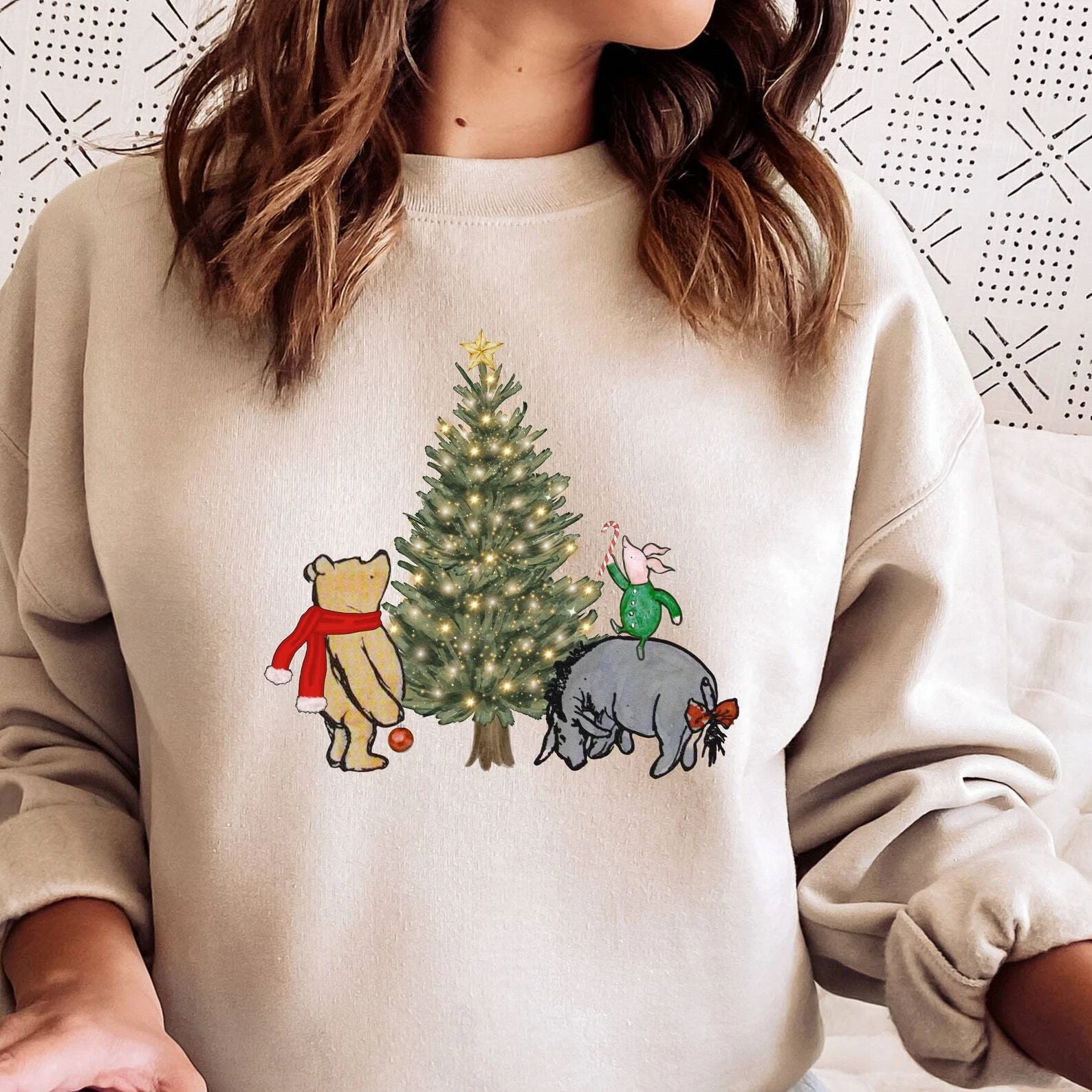 Pooh Bear Eeyore And Piglet Decorating Pine Tree Merry Christmas Sweatshirt