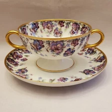 LIMOGES Haviland 1 Bouillon Cup Saucer Purple Blue Pink Pansies Flowers and Gold