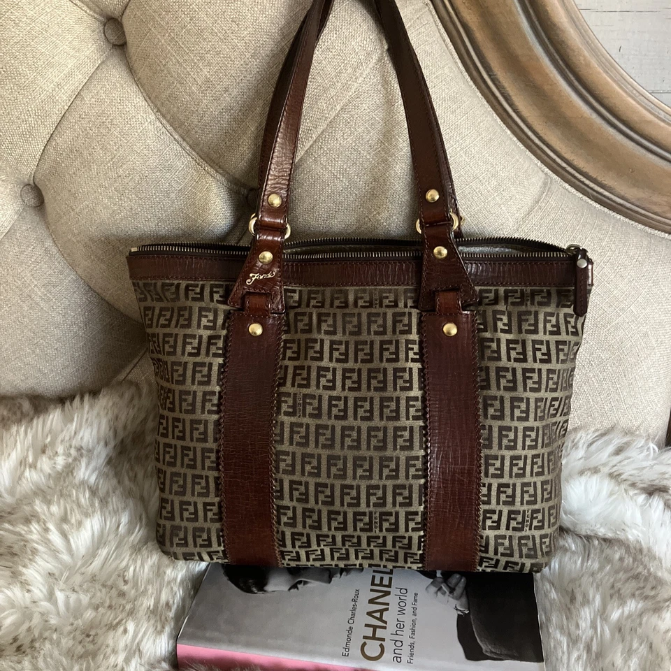 Authentic Fendi Vintage Leather Trimmed Zucchino tote bag handbag brown - Image 3 of 4