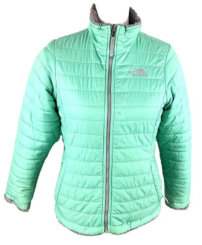 The North Face Girls Sherpa Reversible Puffer Zip Jacket Large Green Gray Fuzzy - Picture 2 of 12