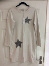 Made in Italy Lagenlook Taupe Sequin Star Stretch Jersey Dress - One Size BNWT 