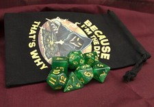 POLYHEDRAL DICE SET 7 GREEN WITH FLAKE-YELLOW, DICE BAG, D D, RPG, NEW