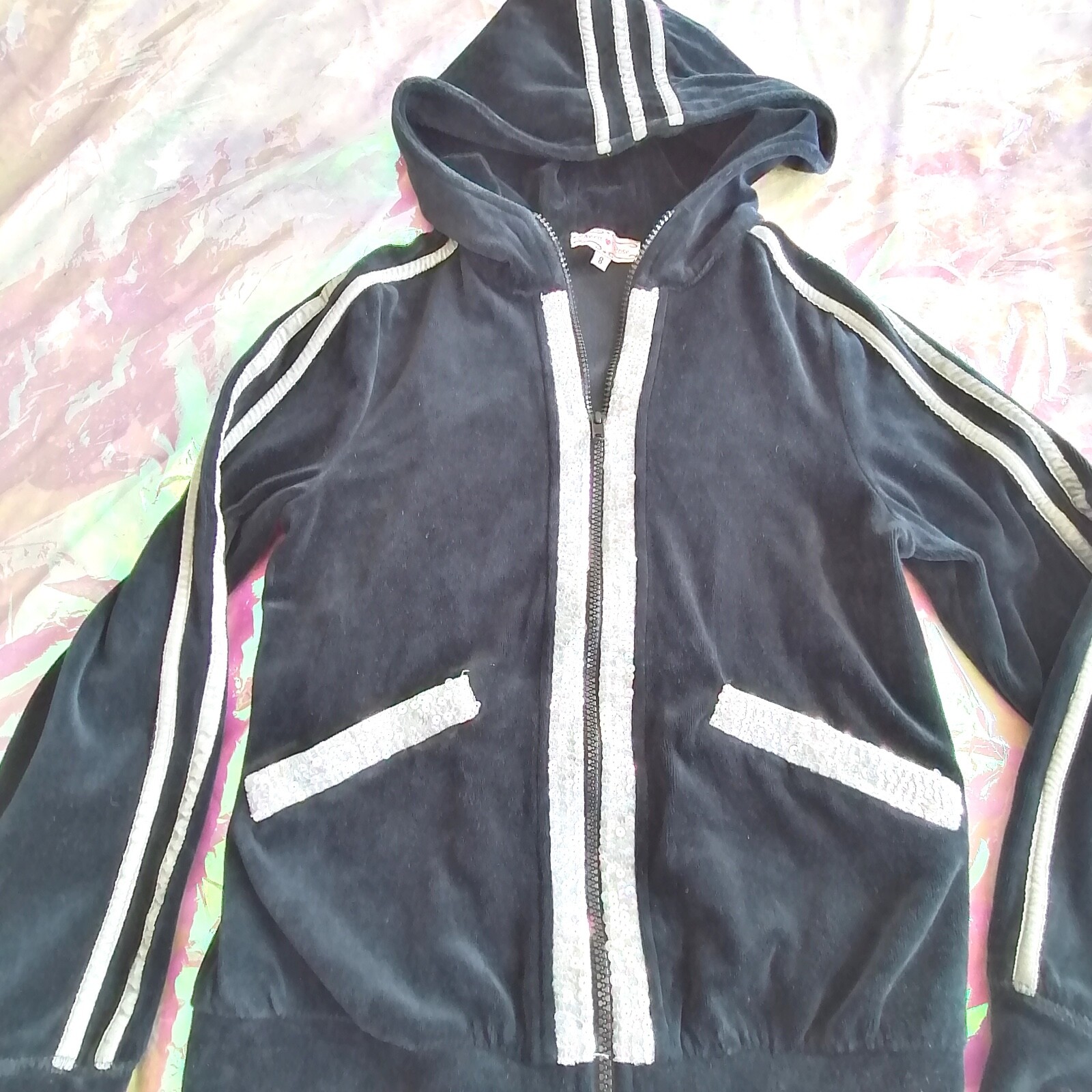 🖤Anna Rose Size 8 Retro Y2K 00s Black Velvet Velour Sequin Full Zip Hoodie